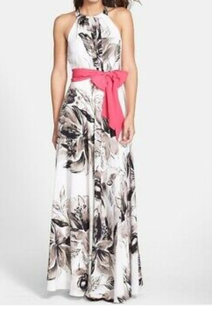 ELIZA J. Women's Halter Ivory Black Multi With Pink Sash Maxi Dress